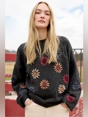 CHARLIE B Charcoal Crewneck Sweater with Multicolor Floral Embroidery